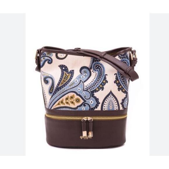 Spartina 449 Juliette Stanley Blue Paisley Brown Leather Linen Bucket Bag Purse - Picture 2 of 7